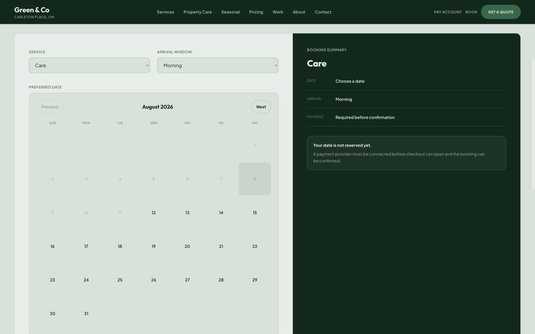 Booking calendar and appointment summary from the outdoor.yosef concept