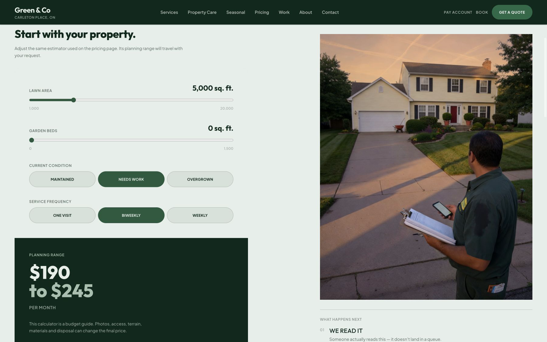 Interactive property estimator inside the Green & Co quote workflow