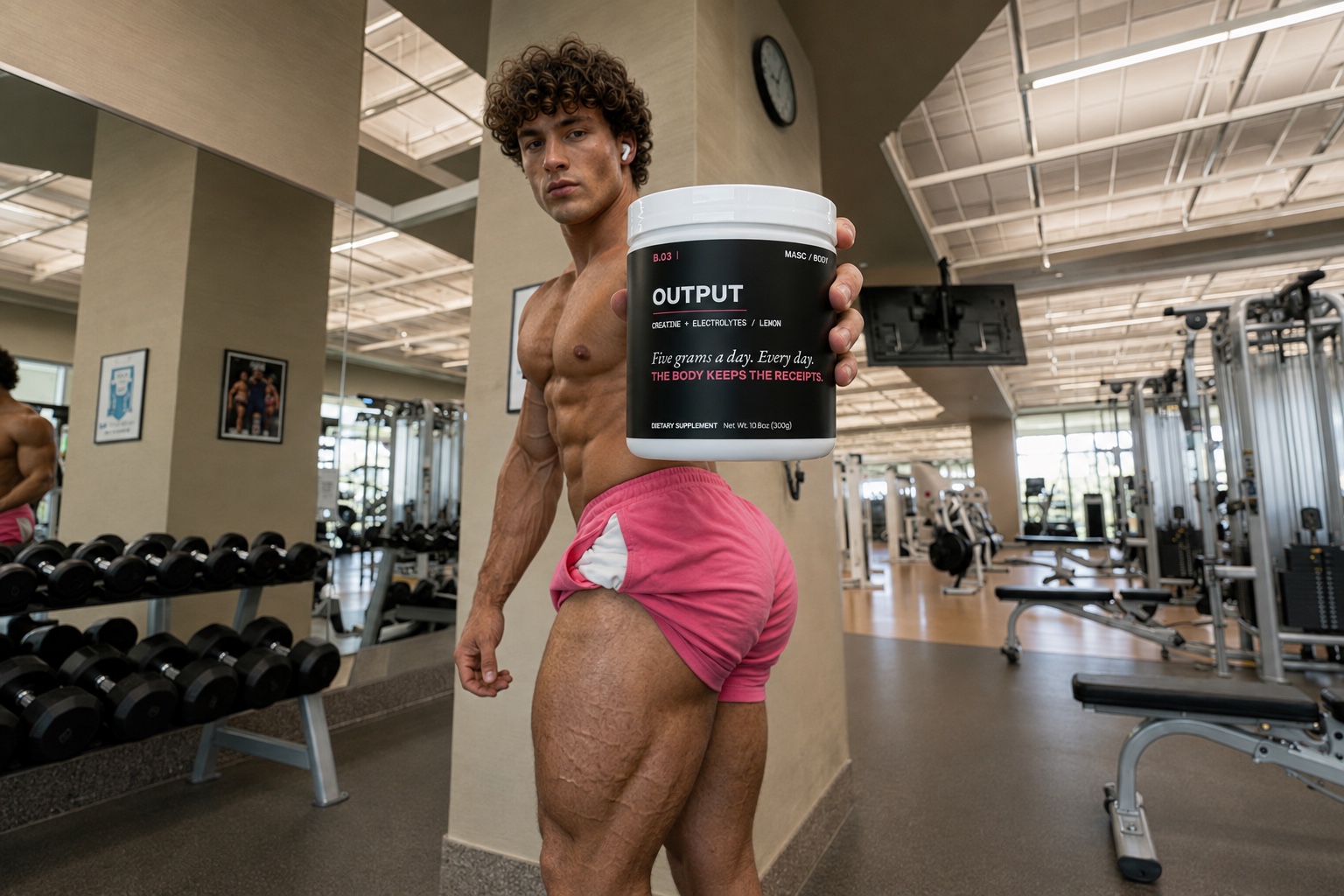 MASC BODY OUTPUT product held inside a gym