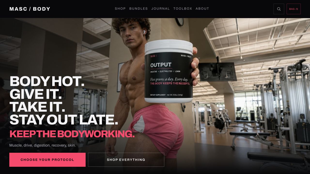 MASC BODY homepage with campaign photography and product navigation