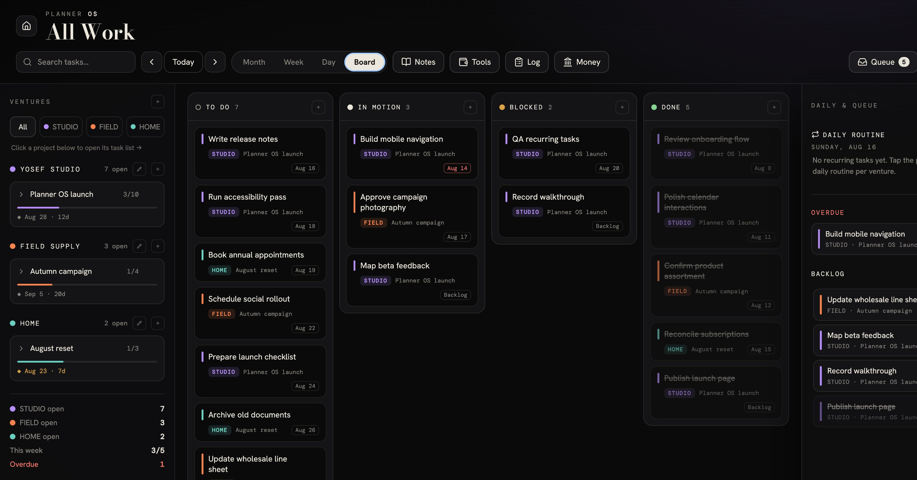 Planner OS board view showing tasks grouped by workflow status