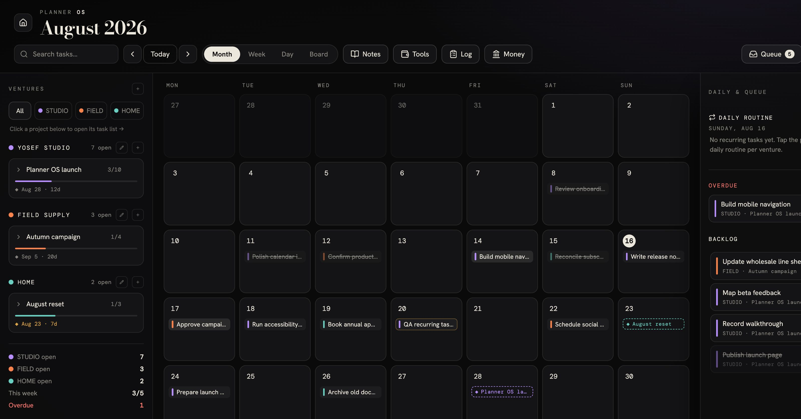 Planner OS month view showing ventures, projects, scheduled tasks and the daily queue