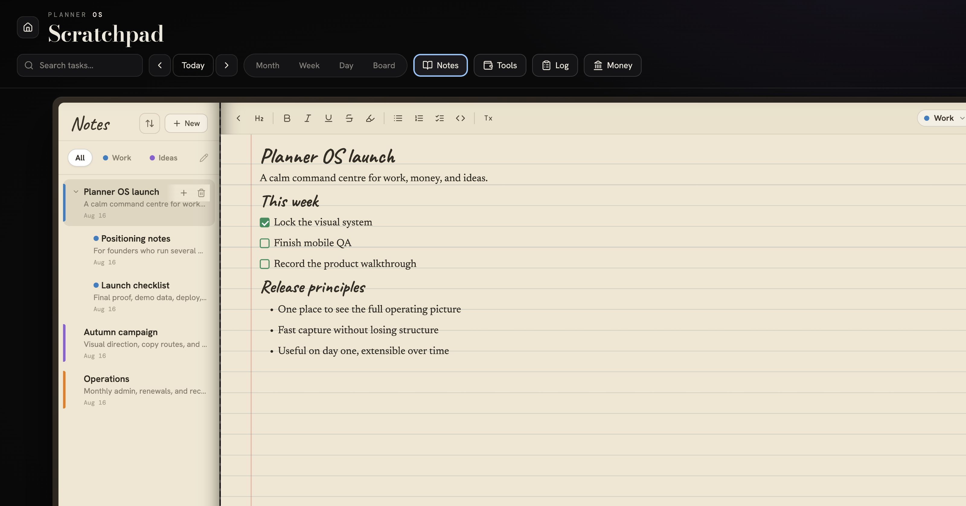 Planner OS notebook showing nested notes, dividers and rich text editing